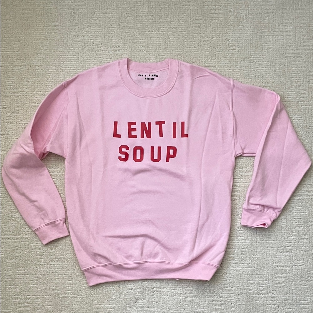 Katie Kimmel Pink Crewneck with Lentil Soup in red